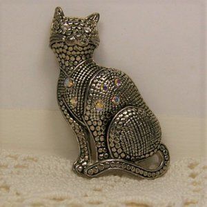 Cat Leopard Cougar Pin SilverTone with Rhinestones